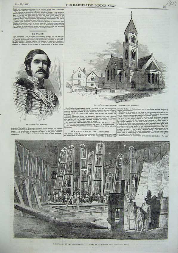 Old Antique Print 1855 Westminster Bridge Works Dr Wilson Church Chatham 19th