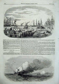 Old Antique Print 1855 Fire Turkish War Ship Eupatoria Sailing Crimea War 19th