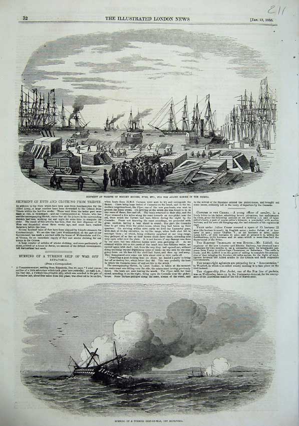 Old Antique Print 1855 Fire Turkish War Ship Eupatoria Sailing Crimea War 19th