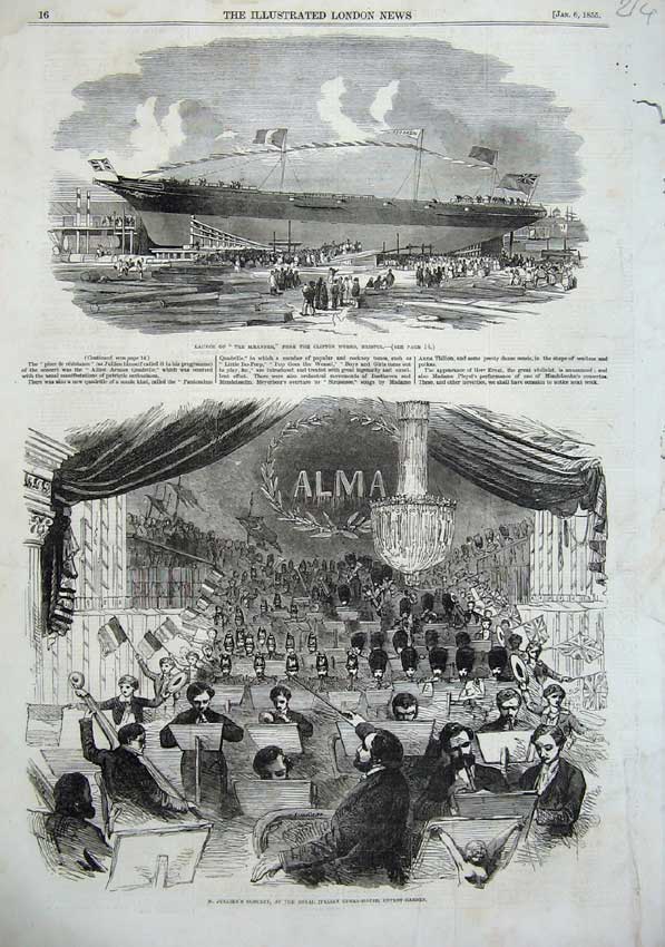 Old Antique Print 1855 Jullien Italian Opera House Covent Ship Maeander 19th