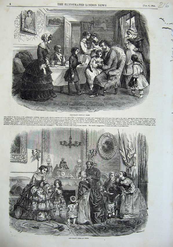 Old Antique Print New Year Paris France 1855 Families Children Costumes 19th
