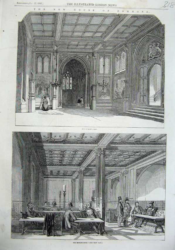 Old Antique Print 1855 House Commons Division Lobby Smoking-Room Interior 19th