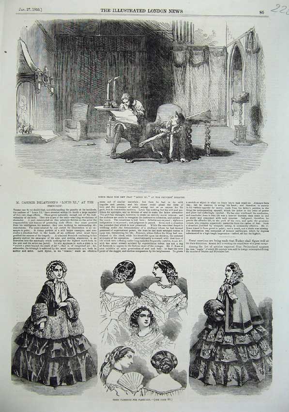 Old Antique Print 1855 Scene Play Louis Xi Princess Theatre Paris Fashion 19th