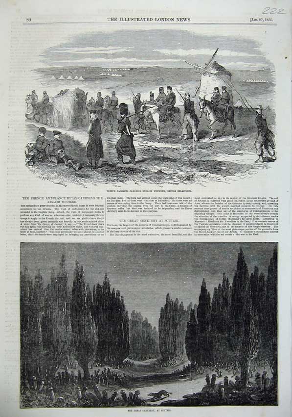 Old Antique Print Fine Art Cemetery Scutari 1855 French Cacolets War Army 19th