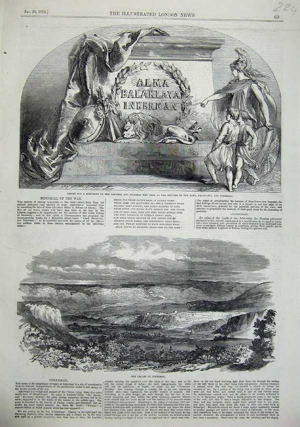 Original Old Antique Print 1855 Monument Battles Alma Inkerman Valley Mountains