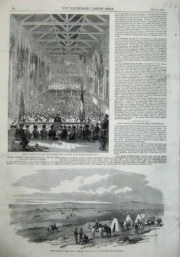 Old Antique Print 1855 French Concert Maison Dieu Dover Raglan War Camp 19th