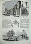 Original Old Antique Print Threadneedle-Street 1855 Emblems South Sea Trade