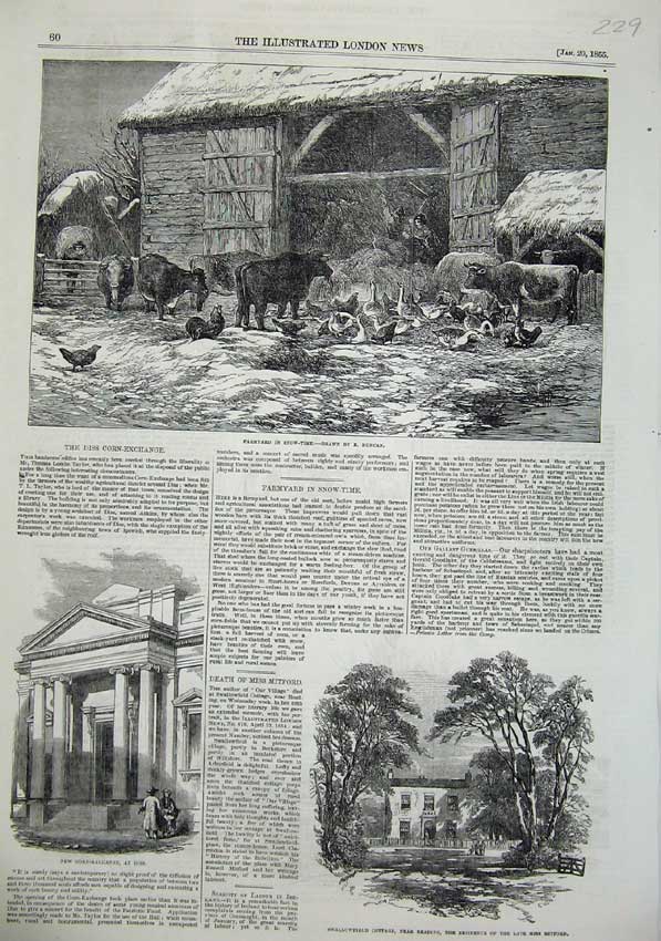Old Antique Print Farmyard Snow 1855 Corn-Exchange Swallowfield Cottage 19th