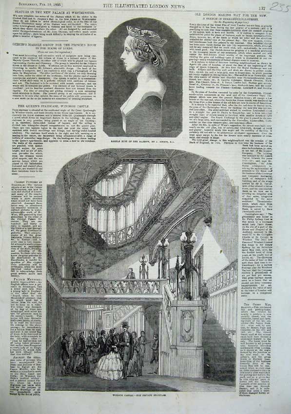Old Antique Print Marble Bust Queen Gibson 1855 Windsor Castle Staircase 19th