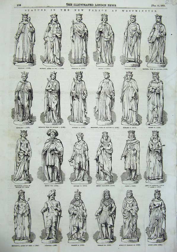 Old Antique Print 1855 Statues Westminster Palace King Queen Charles Anne 19th