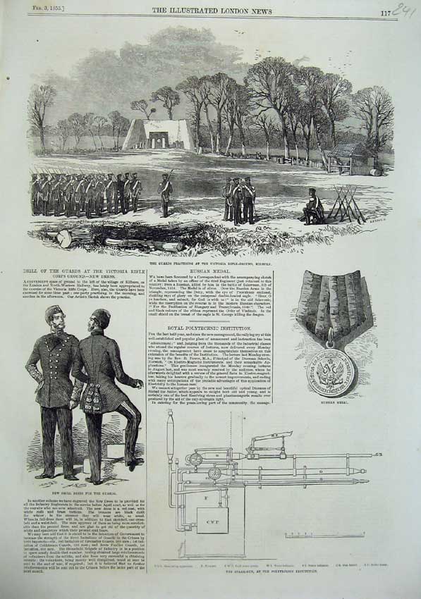 Old Antique Print 1855 Guards Uniform Russian Medal Steam-Gun Kilburn War 19th