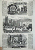 Original Old Antique Print 1855 Dredging Trench River Thames Westminster Bridge