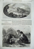 Old Antique Print 1855 Fine Art Boats Cliffs Children Wheatsheaf Country 19th