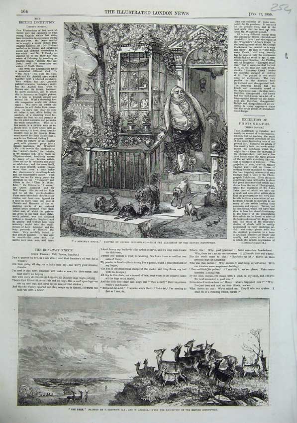 Original Old Antique Print 1855 Deer Country Man House Step Dogs Ansdell 19th