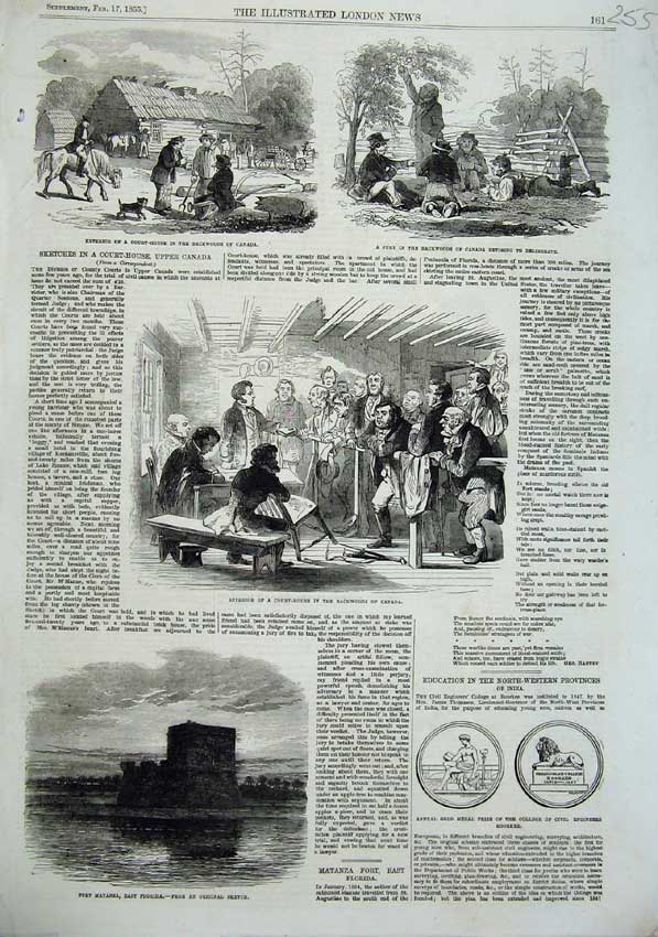 Original Old Antique Print 1855 Fort Matanza Florida Court-House Canada Medals