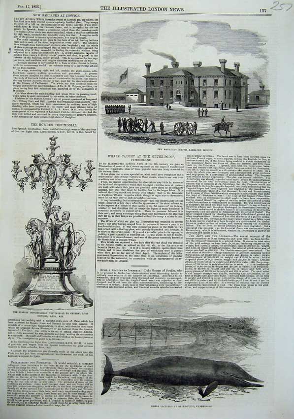 Old Antique Print 1855 Whale Cumberland Artillery Barracks Ipswich Howden 19th