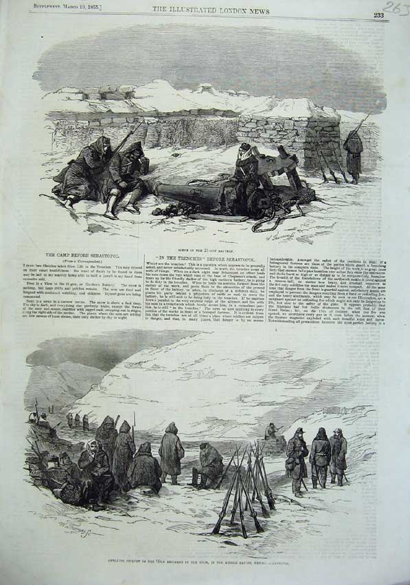 Old Antique Print 1855 Sebastopol War Picquet Battery Army Weapons Snow 19th