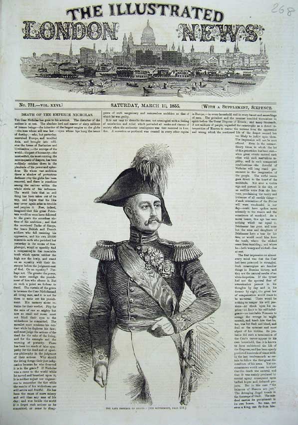 Original Old Antique Print 1855 Portrait Emperor Russia War Army Uniform Man