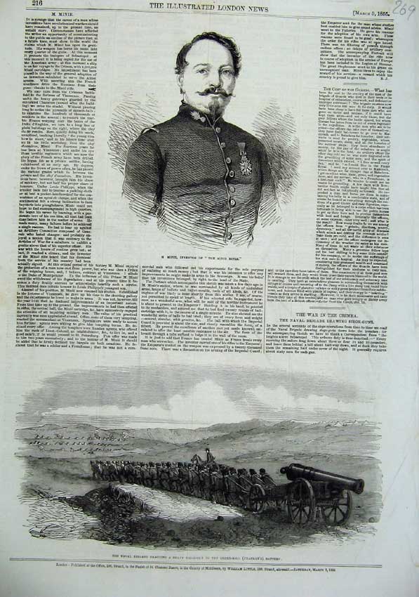 Original Old Antique Print Naval Brigade Siege-Gun Chapman'S Battery 1855 Minie