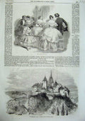Original Old Antique Print Paris Fashion Dresses 1855 Hradschin Palace Prague