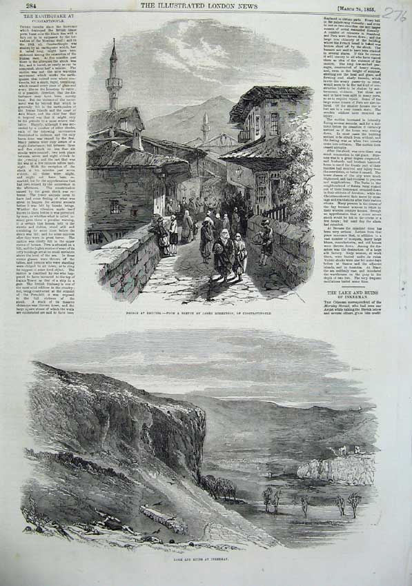 Old Antique Print Bridge Broussa People 1855 Lake Ruins Inkerman Mountain 19th