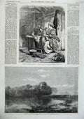 Old Antique Print 1855 Mother Children Reading Book Fine Art Trees Lake 19th