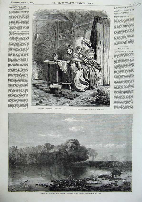 Old Antique Print 1855 Mother Children Reading Book Fine Art Trees Lake 19th