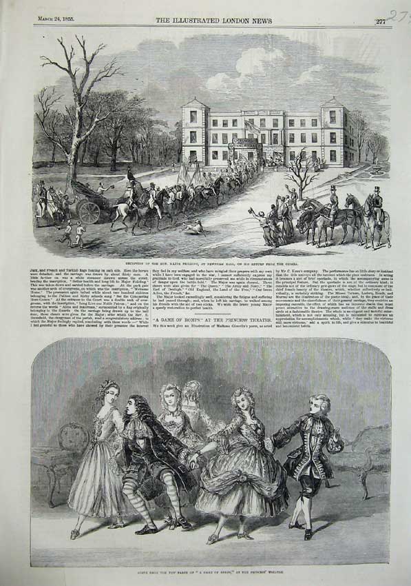 Old Antique Print 1855 Game Romps Princess Theatre Newham Hall Crimea War 19th