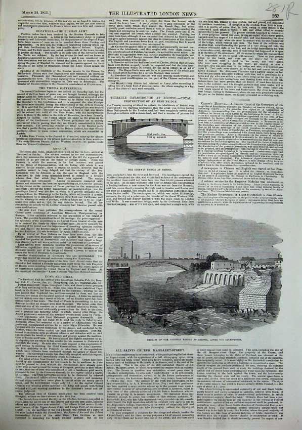 Antique Print *0174 1855 Highway Bridge Bristol Remains River Church Rev.