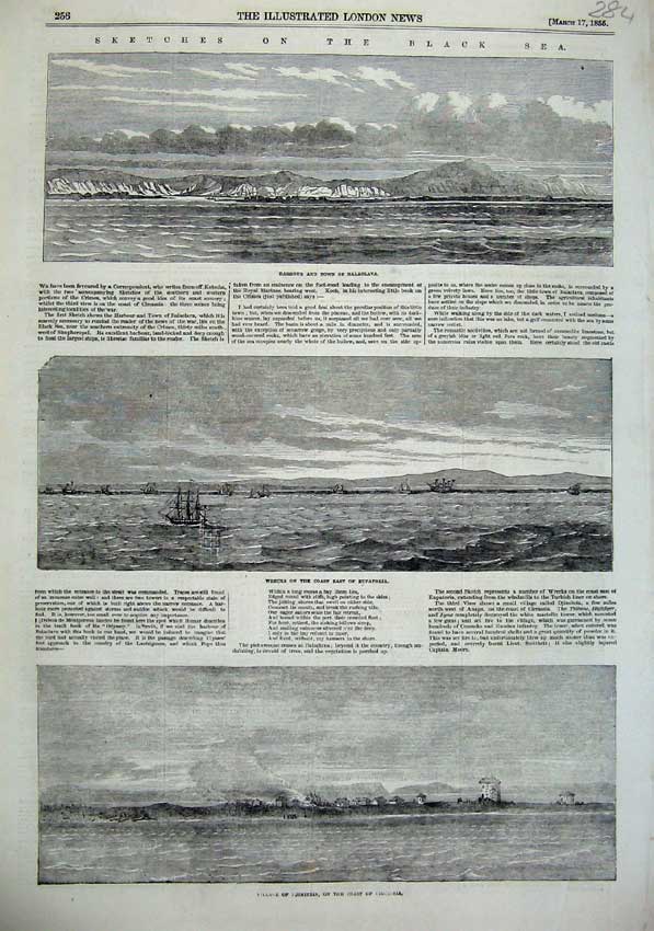 Old Antique Print 1855 Harbour Town Balaclava Eupatoria Jimiteia Ship Sea 19th