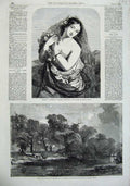 Old Antique Print 1855 Fine Art Church Pool Cows Wargrave Beautiful Woman 19th