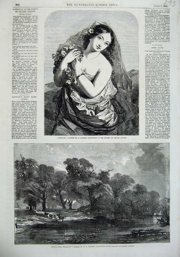 Old Antique Print 1855 Fine Art Church Pool Cows Wargrave Beautiful Woman 19th