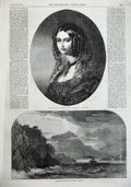 Original Old Antique Print 1855 Portrait Queen Sardinia Bear Rock Maddalena Art