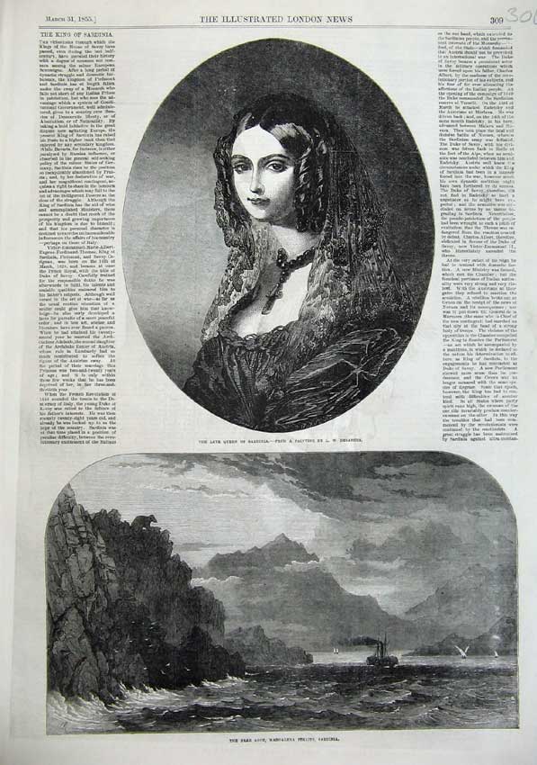 Original Old Antique Print 1855 Portrait Queen Sardinia Bear Rock Maddalena Art