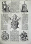 Old Antique Print 1855 Gris Flandres Gilt Clock Vases Armour Helmet Sword 19th
