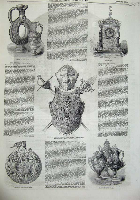 Old Antique Print 1855 Gris Flandres Gilt Clock Vases Armour Helmet Sword 19th