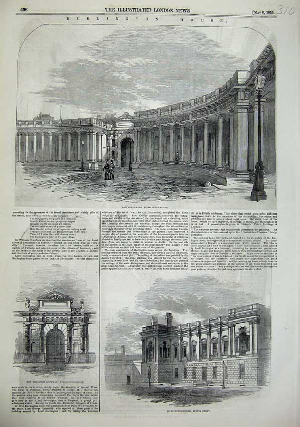 Original Old Antique Print 1855 Burlington House Colonnade Entrance Gateway