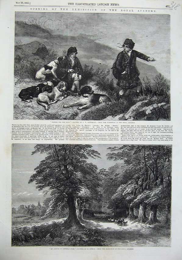 Original Old Antique Print 1855 Avenue Hatfield Park Fine Art Scottish Men Dogs