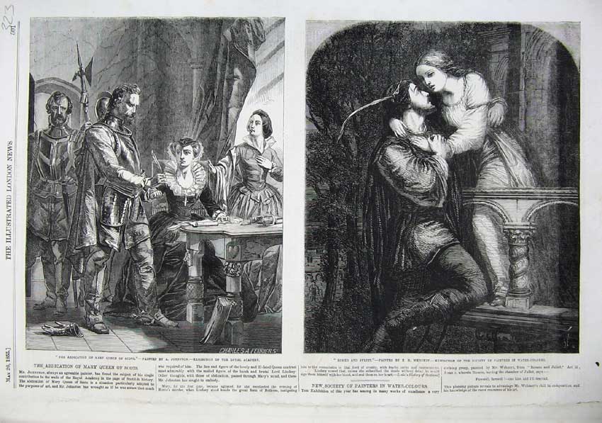 Old Antique Print 1855 Abdication Queen Scots Romeo Juliet Ferriers Art 19th