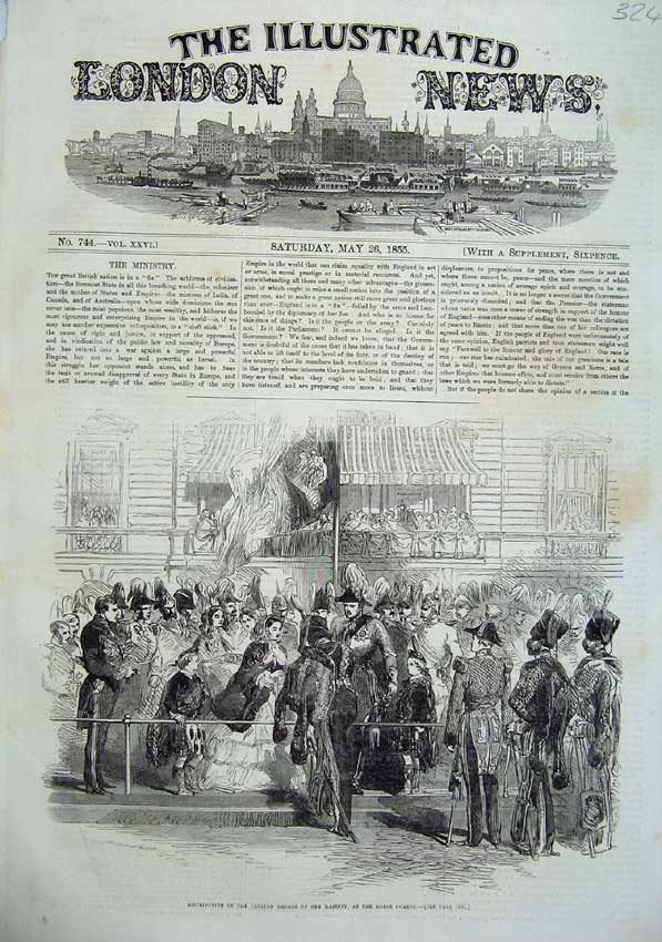Original Old Antique Print 1855 Crimea Medals Queen Horse Guards Army War 19th