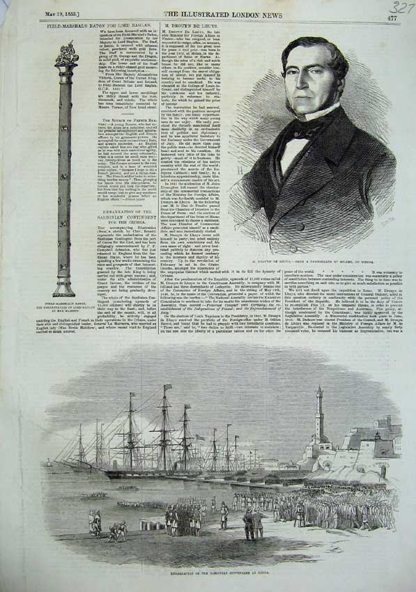 Old Antique Print 1855 Sardinian Army Ship Genoa Baton War Drouyn Lhuys 19th