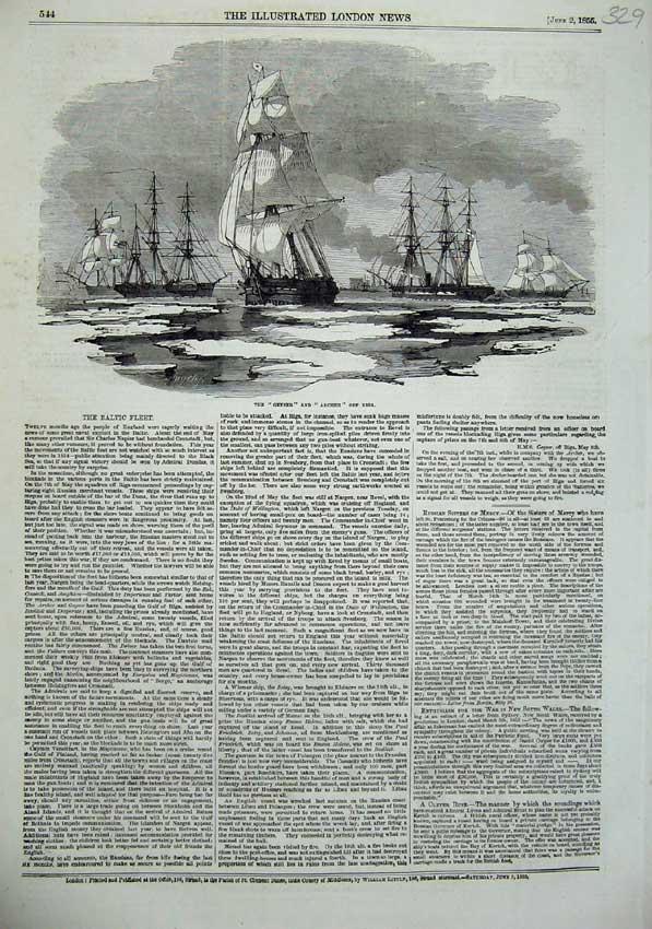 Old Antique Print 1855 Sailing Ships Geyser Archer Baltic Fleet Ice Riga 19th