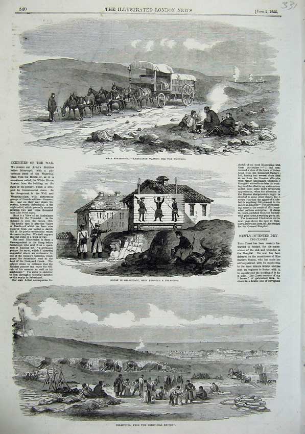 Old Antique Print 1855 Ambulance Sebastopol House Green-Hill Battery War 19th