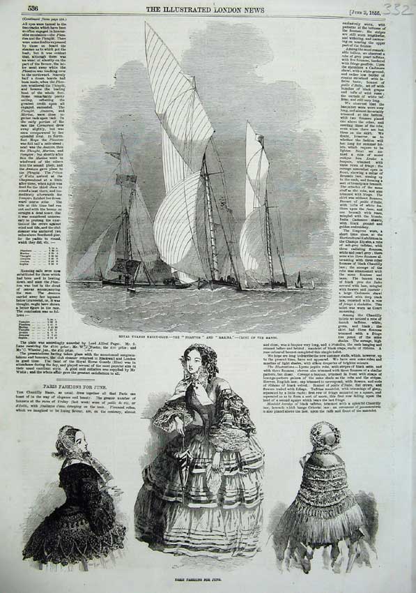 Old Antique Print Paris Fashion 1855 Thames Yacht-Club Phantom Marina Sea 19th