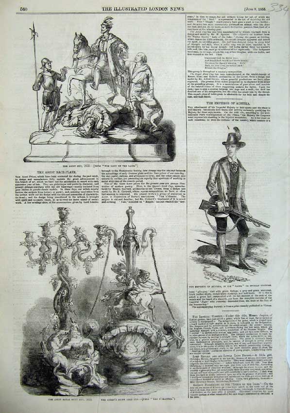 Original Old Antique Print 1855 Ascot Cup Horse Race Sport Hunt Queen'S GJager