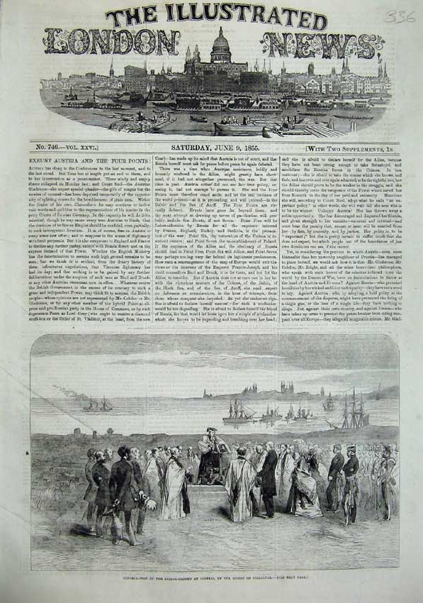 Old Antique Print 1855 Burial Ground Scutari Bishop Gibraltar Ships Sea 19th