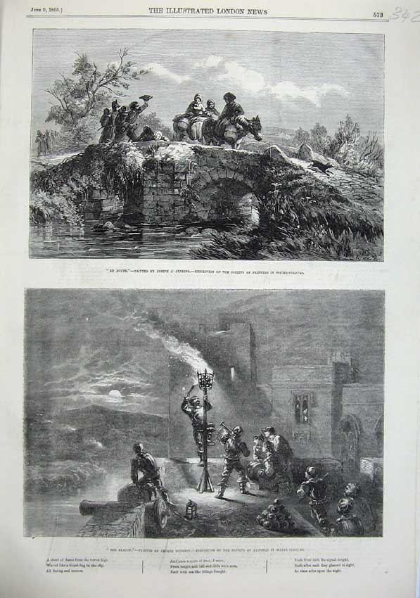 Original Old Antique Print Fine Art 1855 Beacon Moonlight River Bridge Jenkins
