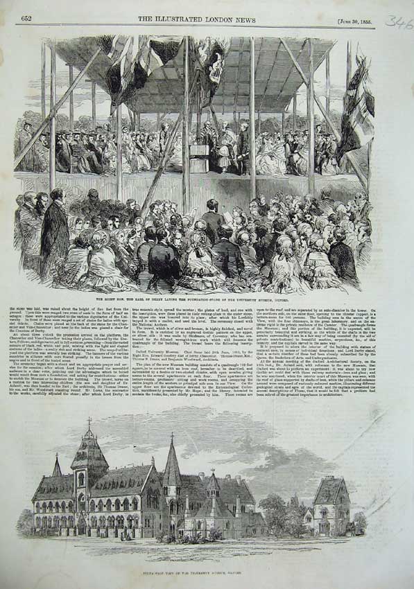 Original Old Antique Print 1855 University Museum Oxford Earl Derby Foundation