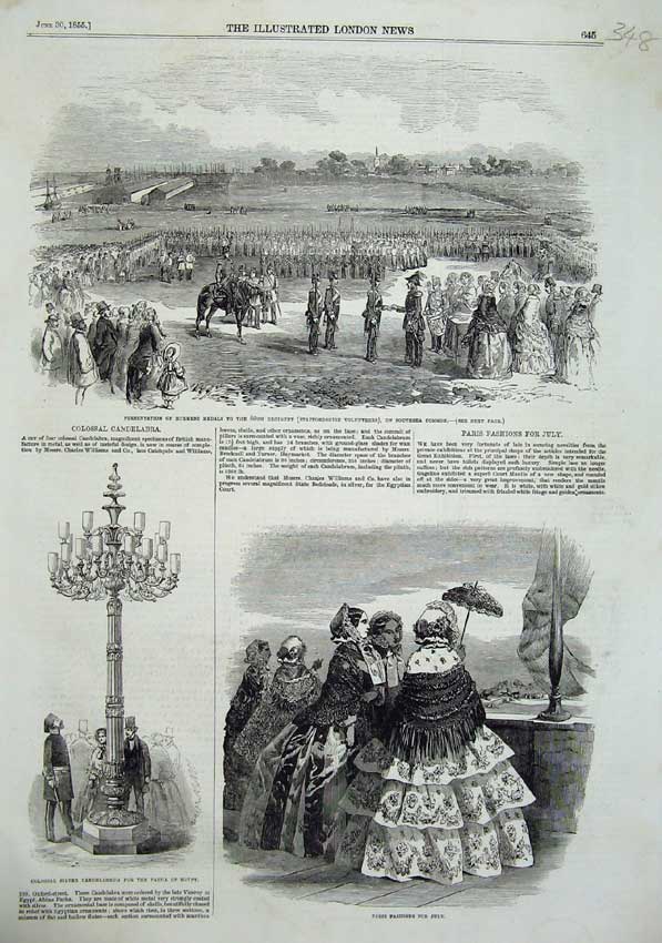 Old Antique Print 1855 Paris Fashion Candelabrum Egypt War Southsea Army 19th