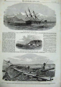 Old Antique Print 1855 Ship Marchantmen Battery Citadel Yenikalf War Sea 19th